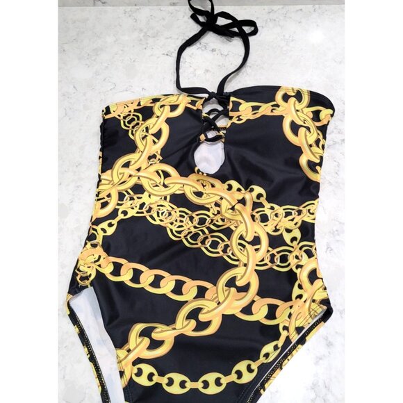 Chain Print Black & Gold One-Piece Swimsuit with Halter Tie & Lace Up Front S - Picture 2 of 7
